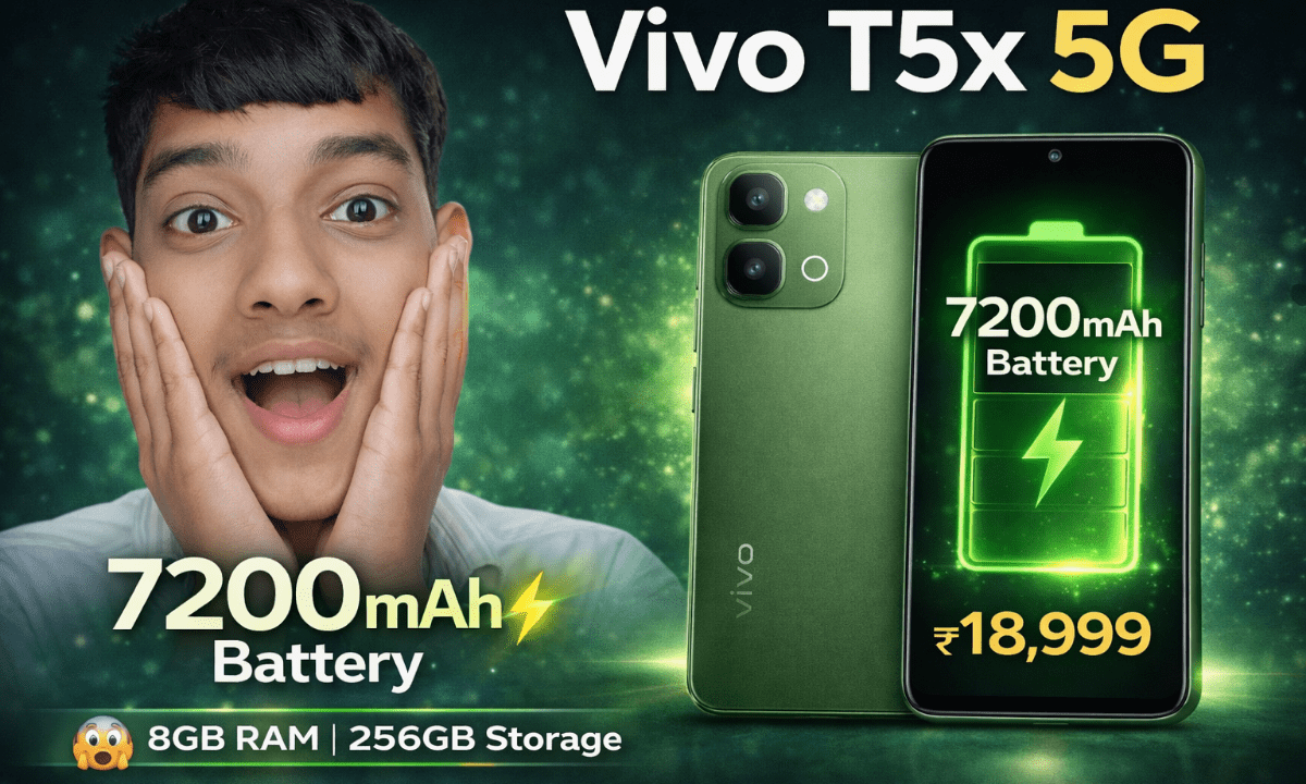 Vivo T5x 5G thumbnail showing phone design with powerful battery and camera highlights