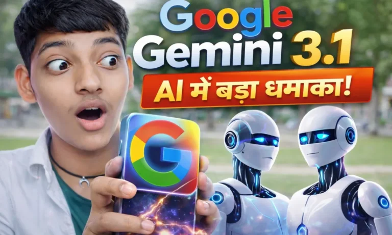 Google Gemini 3.1 AI thumbnail with person holding phone and robots showing advanced AI features