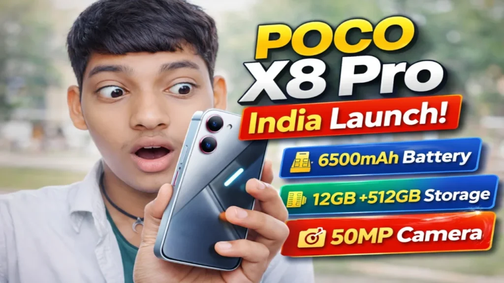 POCO X8 Pro India Launch thumbnail showing man holding phone with 6500mAh battery and 50MP camera highlights