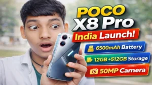 POCO X8 Pro India Launch thumbnail showing man holding phone with 6500mAh battery and 50MP camera highlights