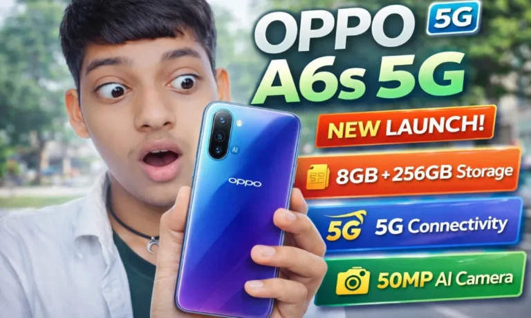 OPPO A6s 5G smartphone thumbnail showing a surprised boy holding the phone with features like 8GB RAM, 256GB storage and 50MP AI camera highlighted
