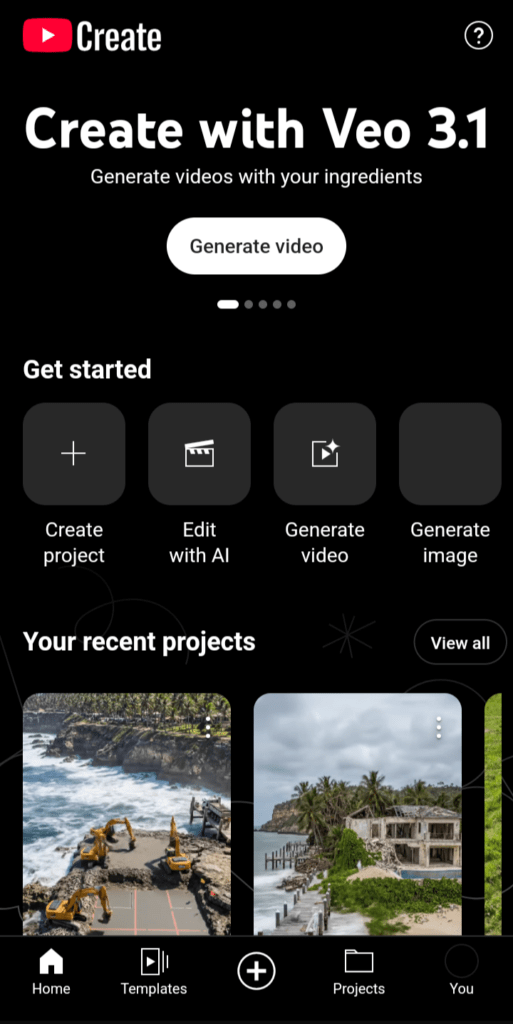 Ai Luxury Home screen of YouTube Create showing AI video editing options, templates, and tools for content creators.