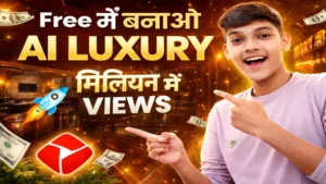 AI luxury video thumbnail showing a young creator pointing at “Million Views” text with YouTube Create app concept in background